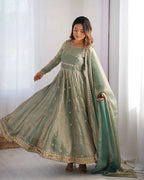 Designer Shiny Olive Green Cording Sequins Embroidery Work Gown With Dupatta