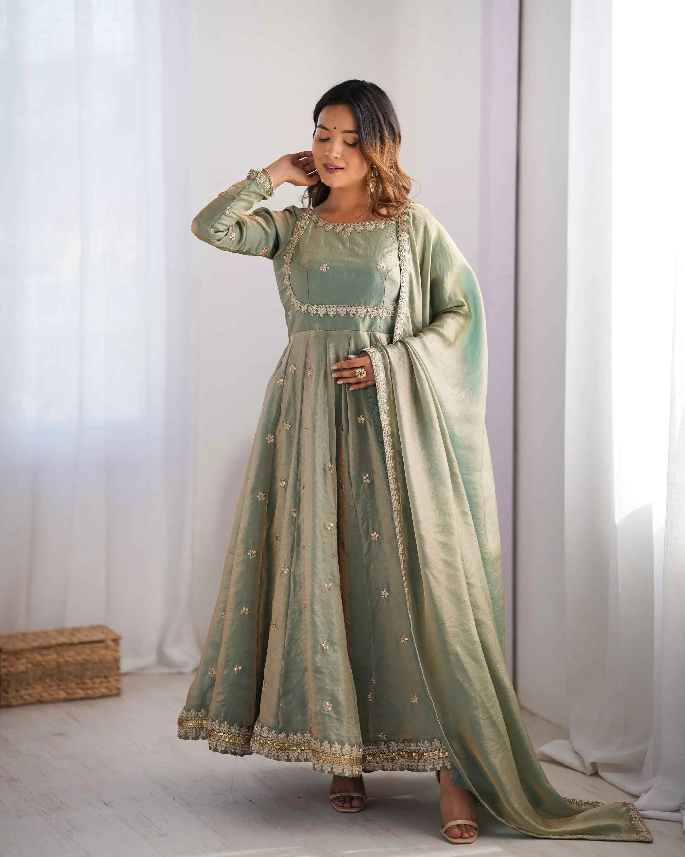 Designer Shiny Olive Green Cording Sequins Embroidery Work Gown With Dupatta