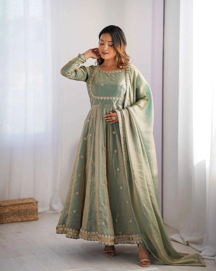 Designer Shiny Olive Green Cording Sequins Embroidery Work Gown With Dupatta - qivii