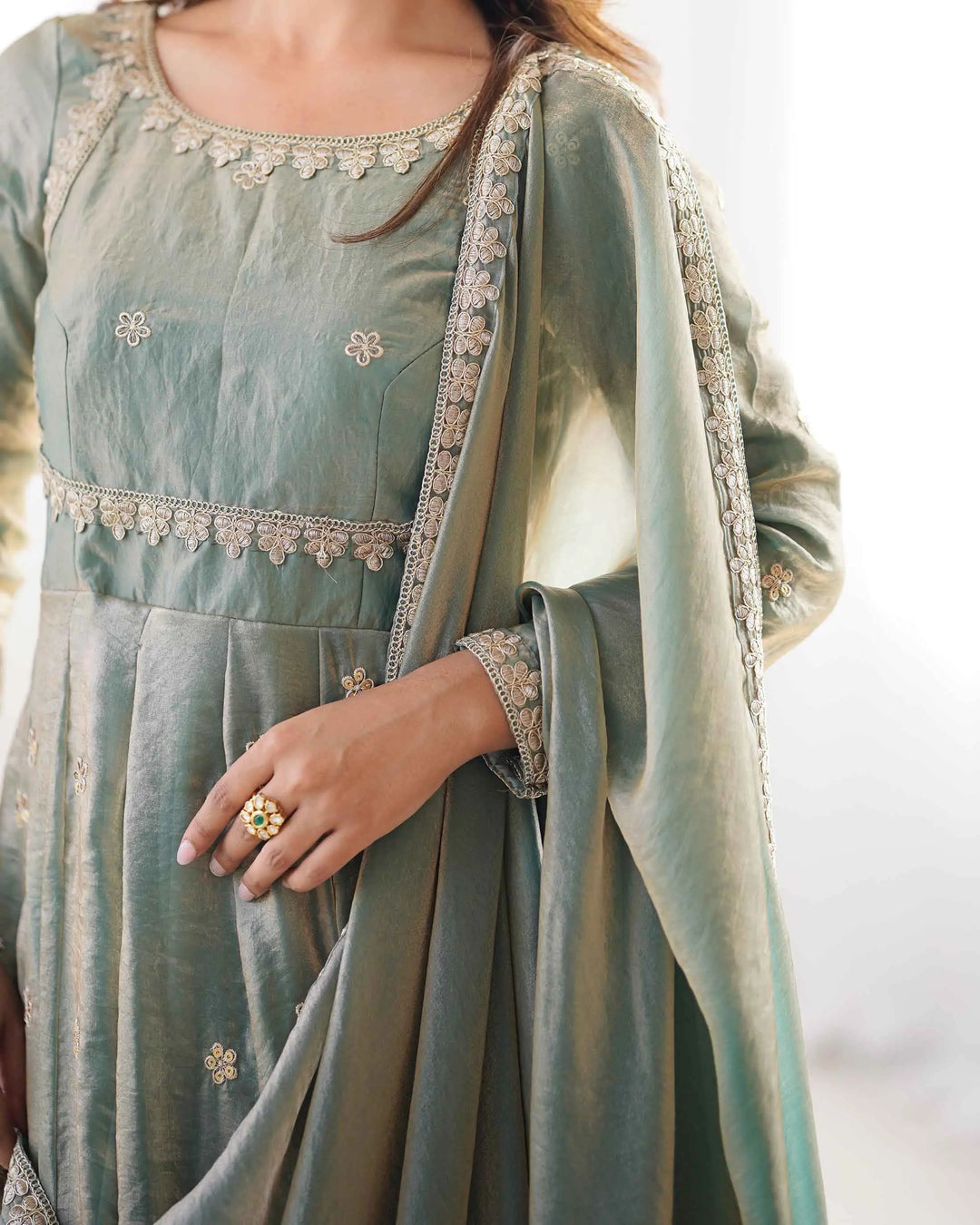 Designer Shiny Olive Green Cording Sequins Embroidery Work Gown With Dupatta - qivii