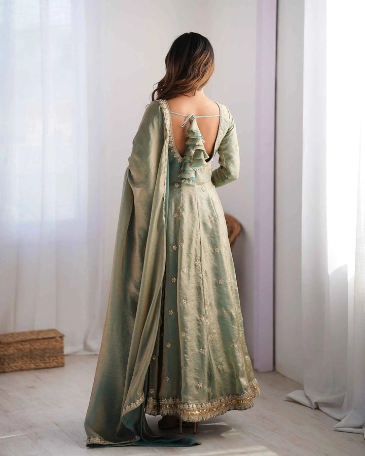 Designer Shiny Olive Green Cording Sequins Embroidery Work Gown With Dupatta - qivii