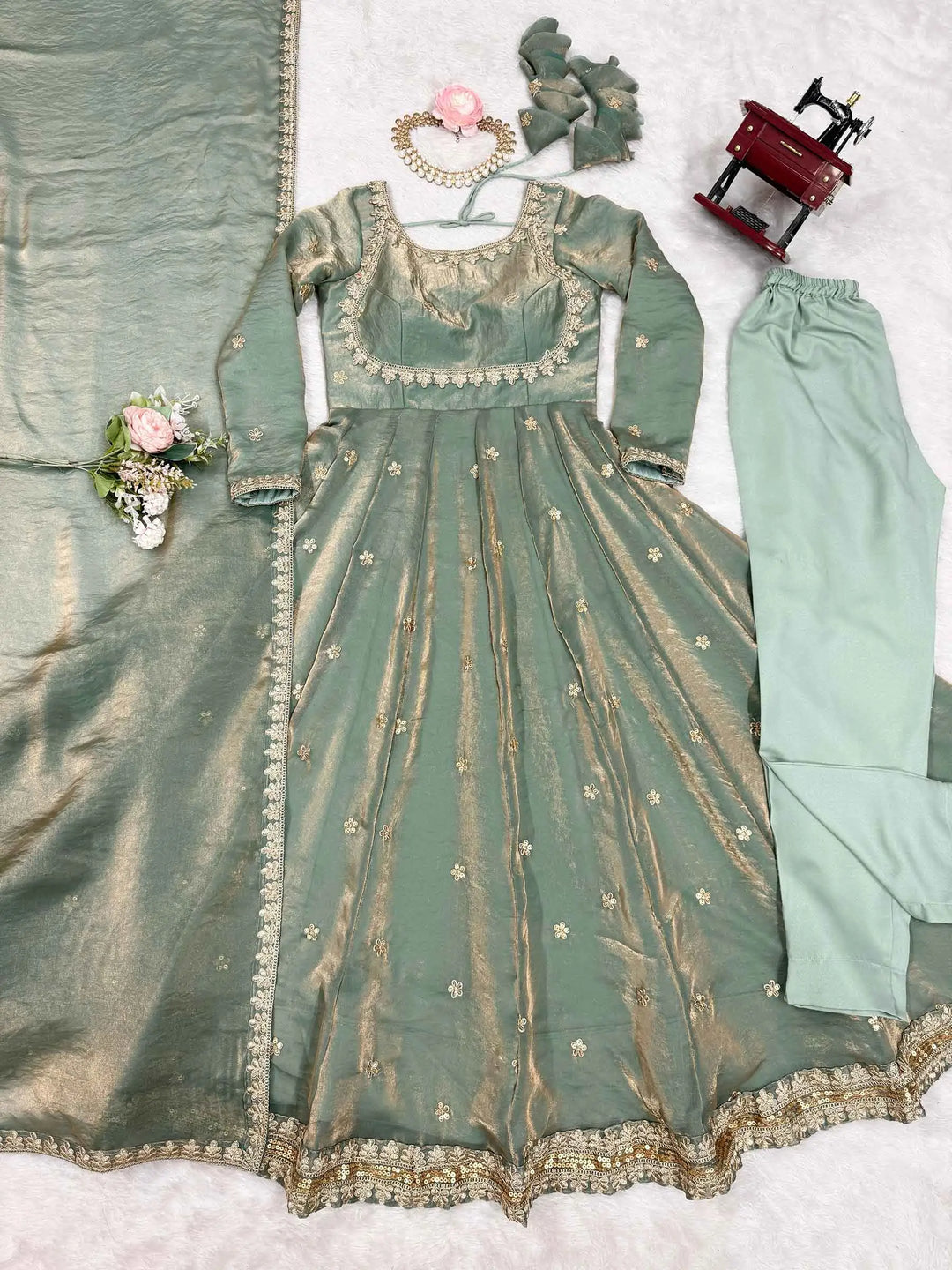 Designer Shiny Olive Green Cording Sequins Embroidery Work Gown With Dupatta - qivii