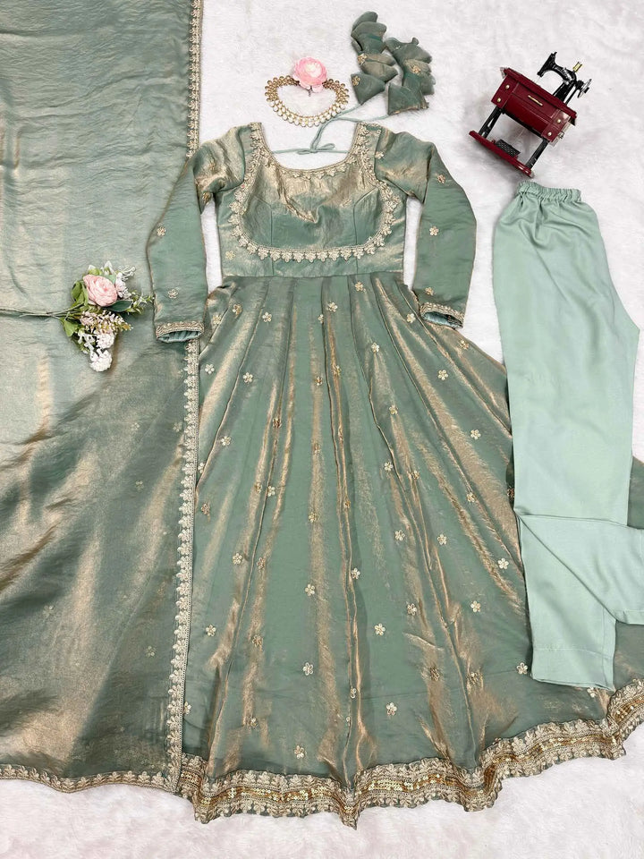 Designer Shiny Olive Green Cording Sequins Embroidery Work Gown With Dupatta - qivii