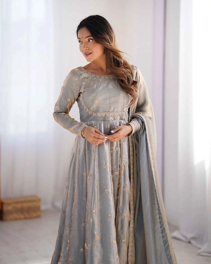 Silver Grey Cording Sequins Embroidery Work Designer Gown With Dupatta - qivii