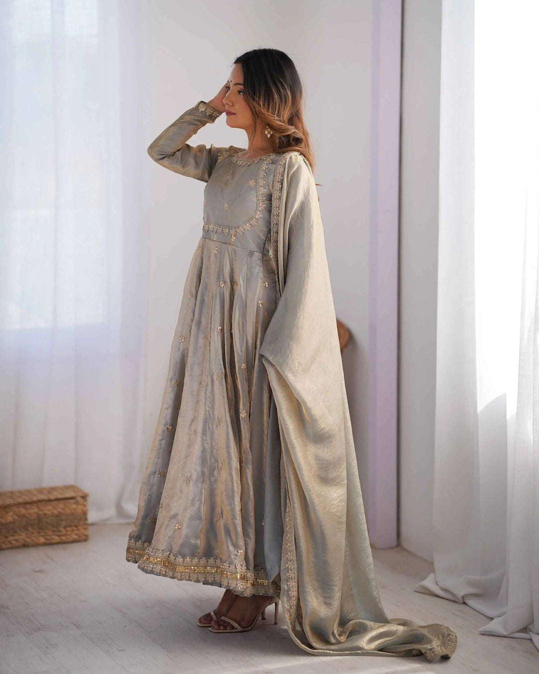 Silver Grey Cording Sequins Embroidery Work Designer Gown With Dupatta - qivii