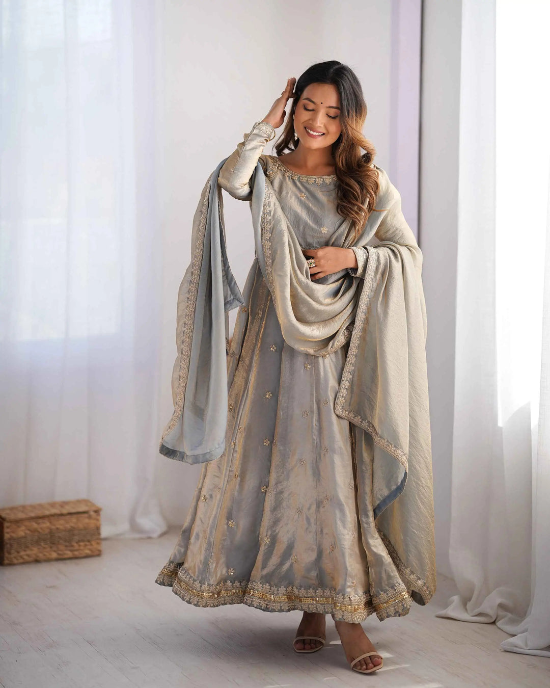 Silver Grey Cording Sequins Embroidery Work Designer Gown With Dupatta - qivii