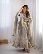Silver Grey Cording Sequins Embroidery Work Designer Gown With Dupatta
