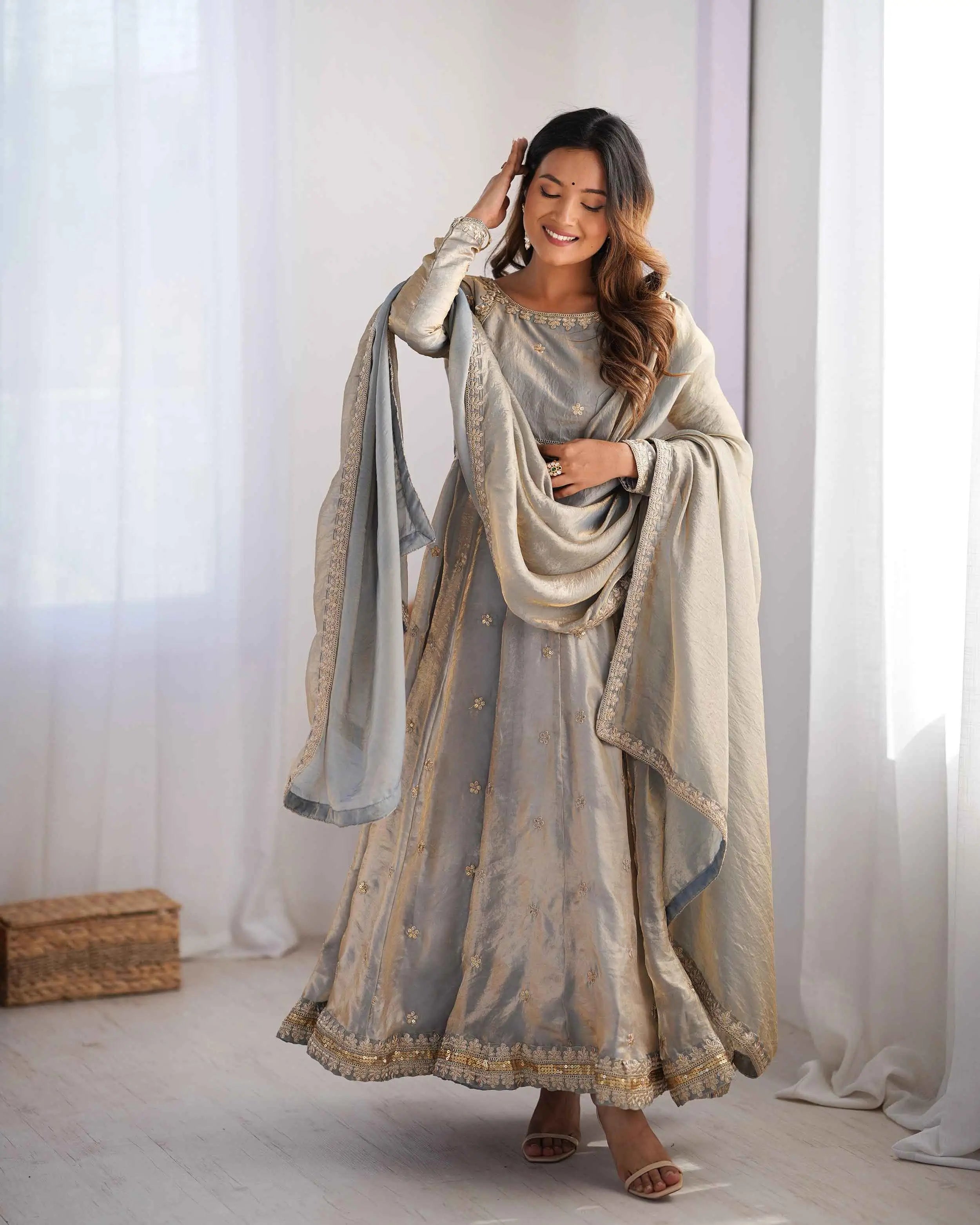 Silver Grey Cording Sequins Embroidery Work Designer Gown With Dupatta