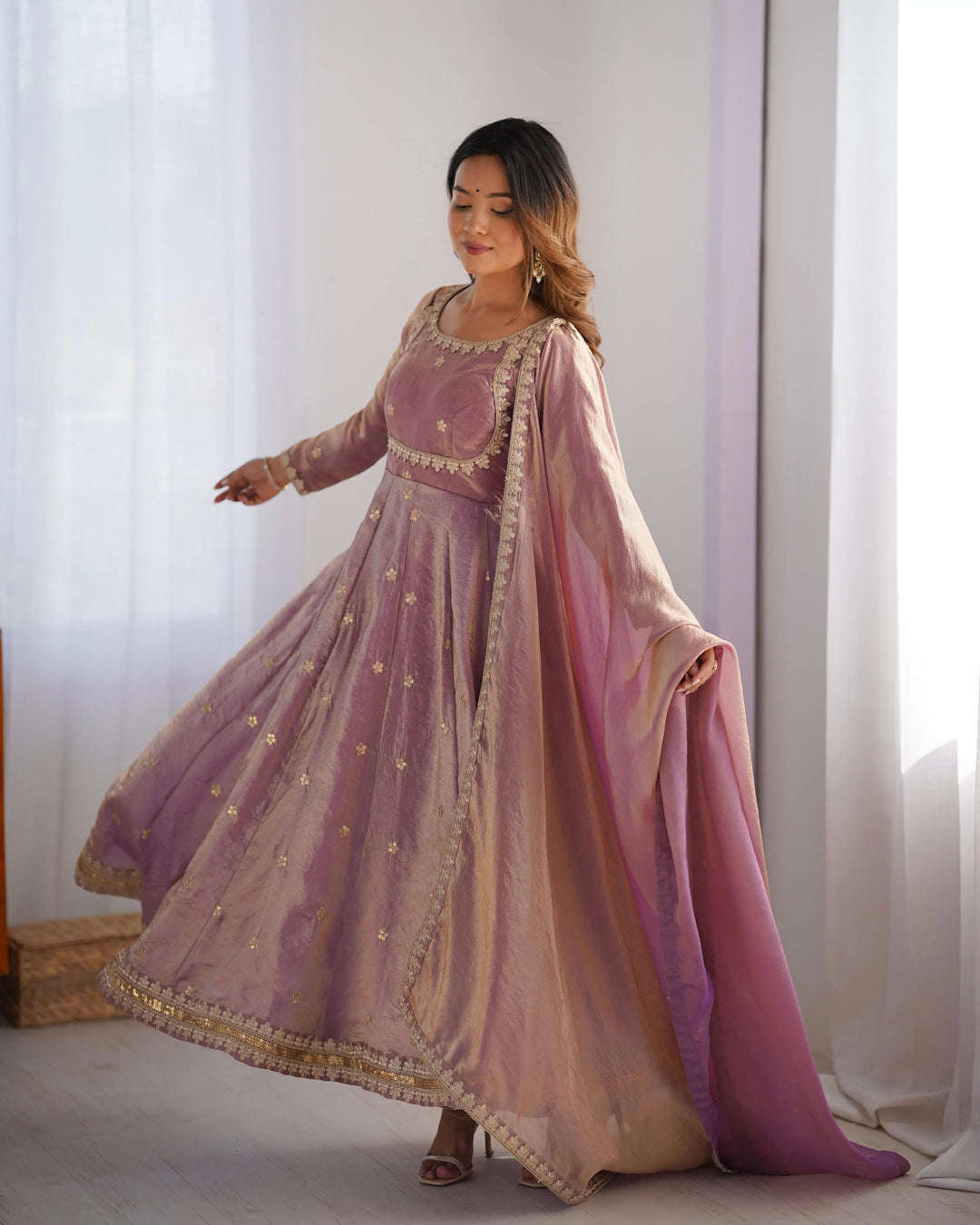 Shiny Rosy Pink Cording Sequins Embroidery Work Designer Gown With Dupatta - qivii