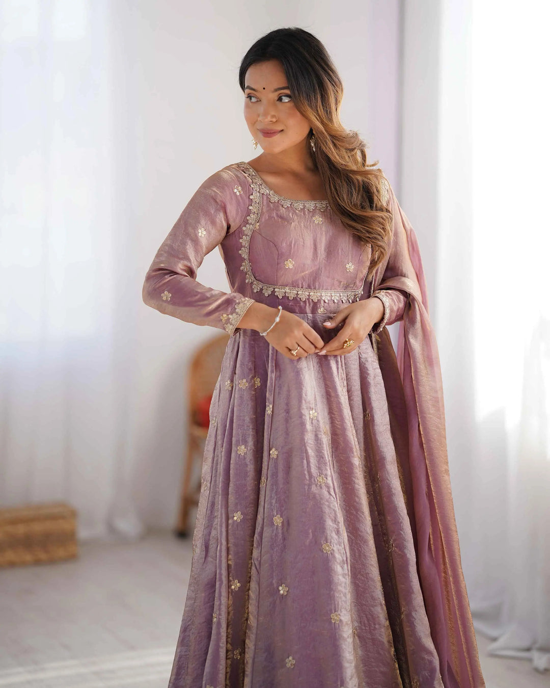 Shiny Rosy Pink Cording Sequins Embroidery Work Designer Gown With Dupatta - qivii
