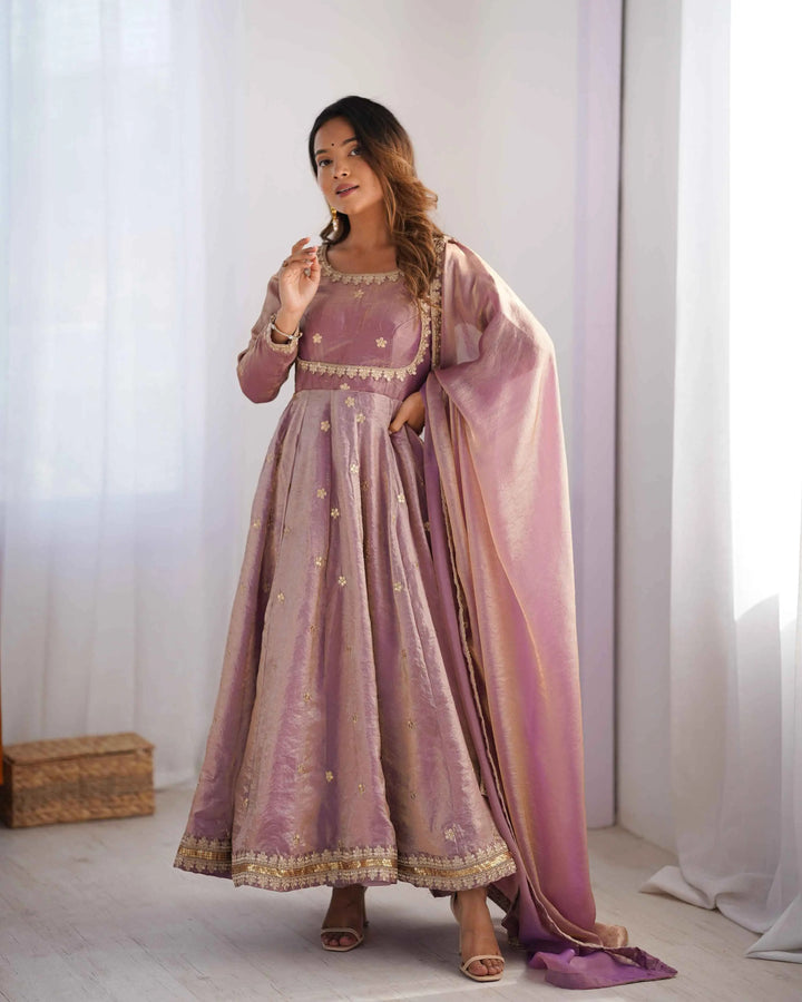 Shiny Rosy Pink Cording Sequins Embroidery Work Designer Gown With Dupatta - qivii