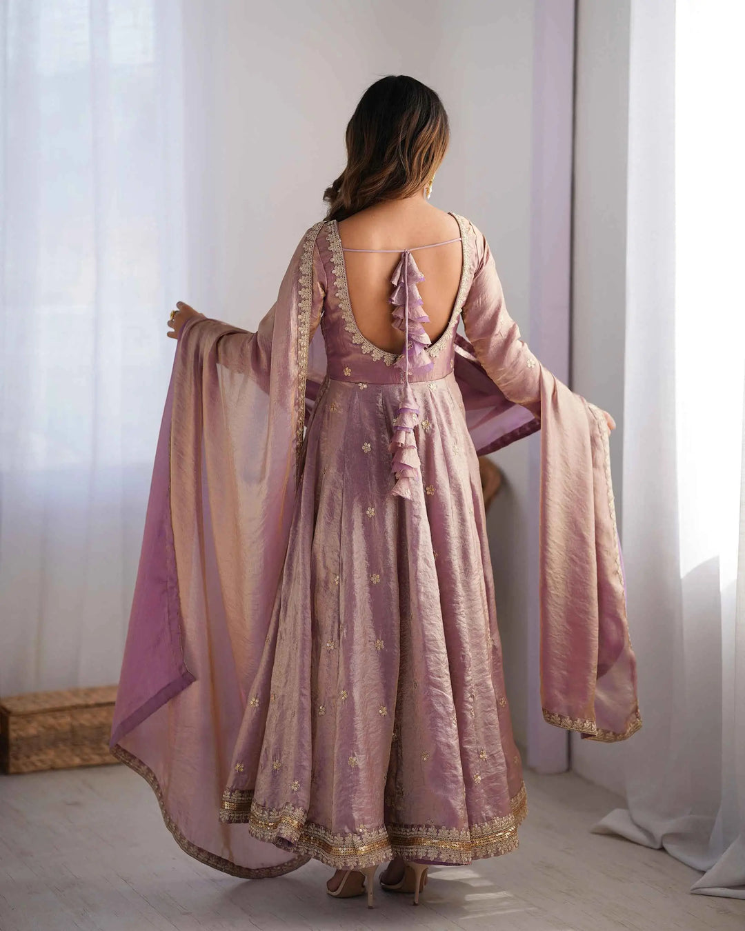 Shiny Rosy Pink Cording Sequins Embroidery Work Designer Gown With Dupatta - qivii