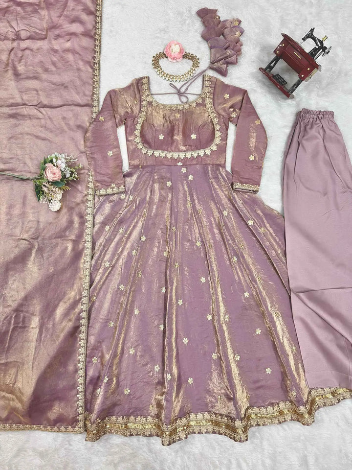 Shiny Rosy Pink Cording Sequins Embroidery Work Designer Gown With Dupatta - qivii