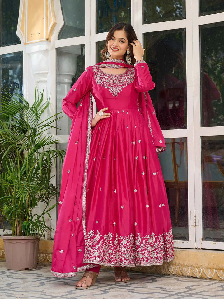 Beautiful Pink Sequins Embroidery Work Silk Gown And Dupatta - qivii