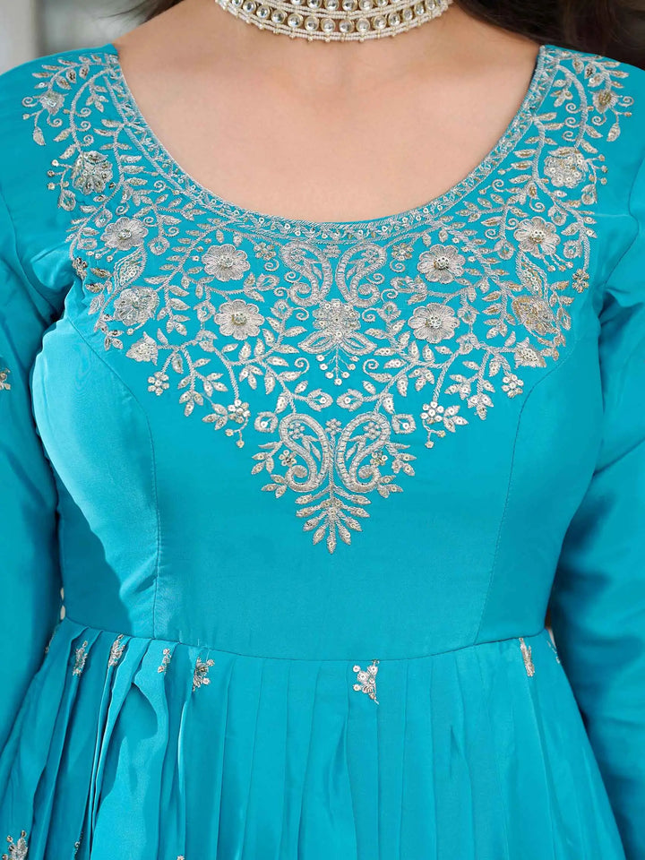 Bondi Blue Sequins Embroidery Work Silk Gown And Dupatta - qivii