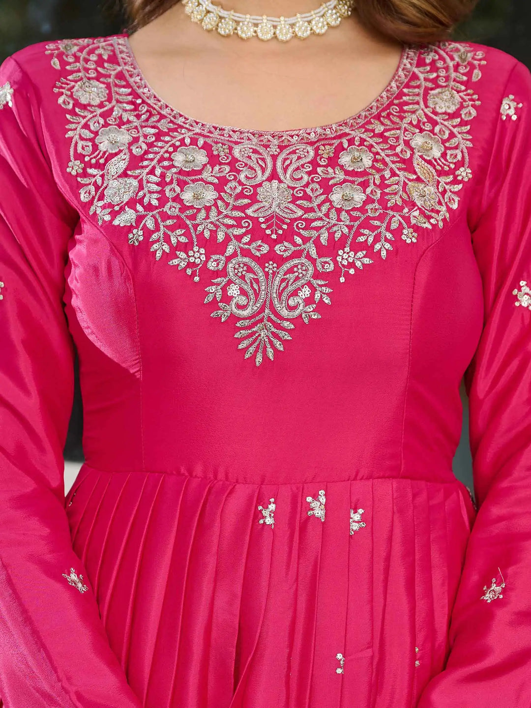 Beautiful Pink Sequins Embroidery Work Silk Gown And Dupatta - qivii