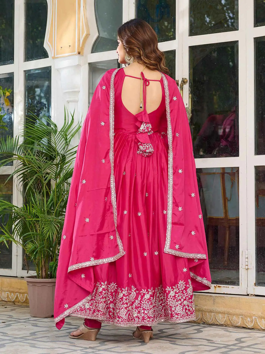 Beautiful Pink Sequins Embroidery Work Silk Gown And Dupatta - qivii