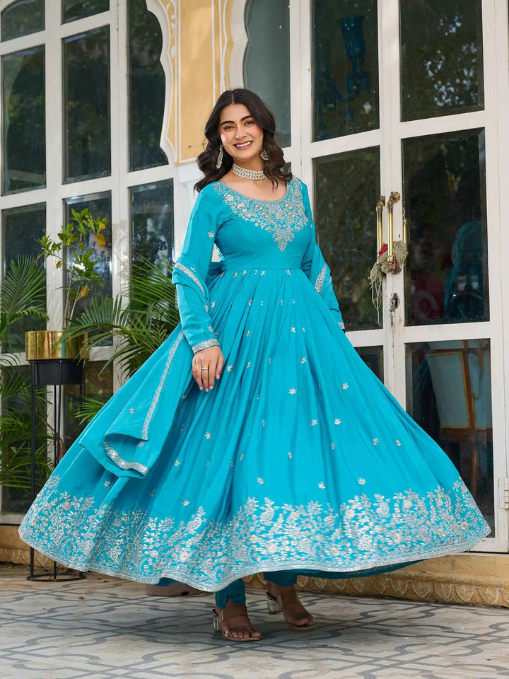 Bondi Blue Sequins Embroidery Work Silk Gown And Dupatta - qivii