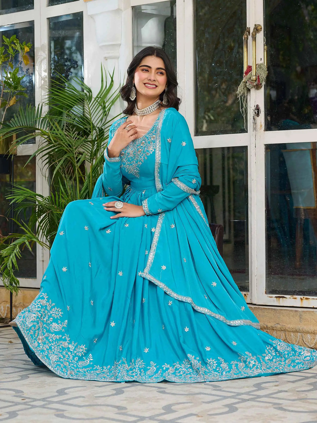 Bondi Blue Sequins Embroidery Work Silk Gown And Dupatta - qivii