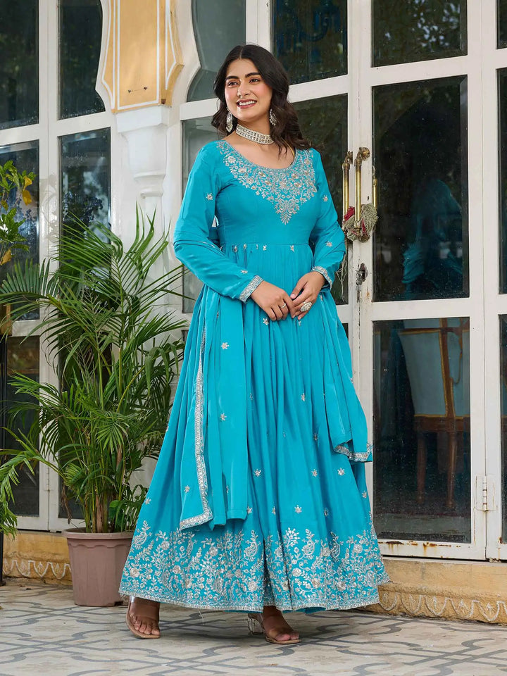 Bondi Blue Sequins Embroidery Work Silk Gown And Dupatta - qivii