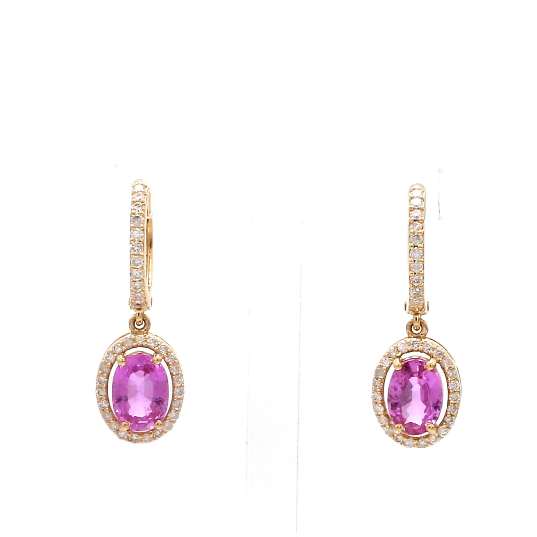 Pink Sapphire Oval Diamond Halo Drop Earrings - qivii