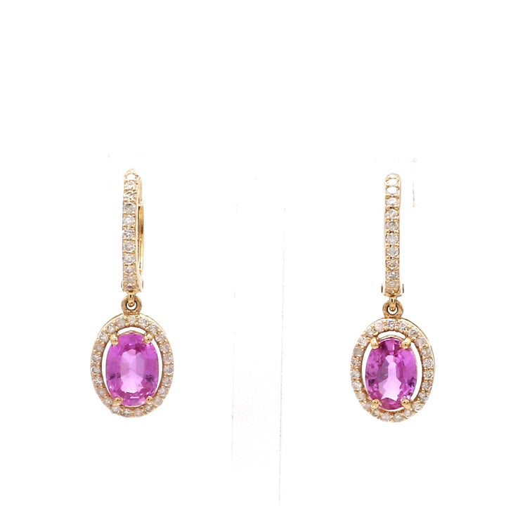 Pink Sapphire Oval Diamond Halo Drop Earrings - qivii