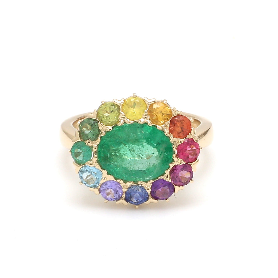 Emerald and Rainbow Gemstone Halo Ring - qivii