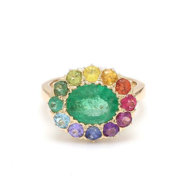 Emerald and Rainbow Gemstone Halo Ring - qivii