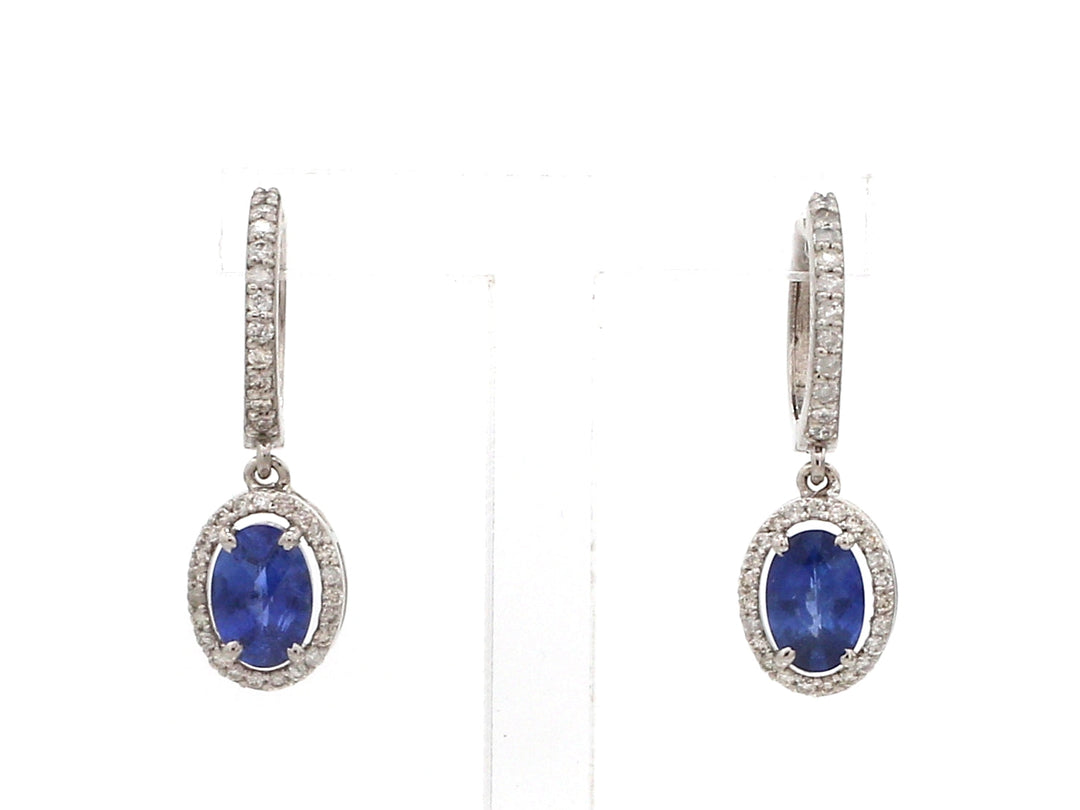 Blue Sapphire Oval Diamond Halo Mini Earrings - qivii