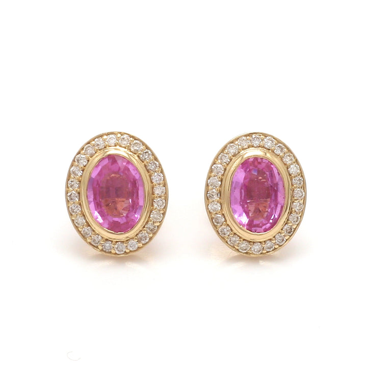 Pink Sapphire Bezel Set Oval Shape Diamond Studs - qivii