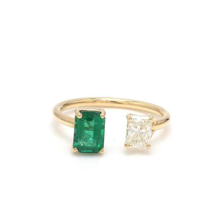 Emerald and Radiant Cut Diamond Open Ring - qivii