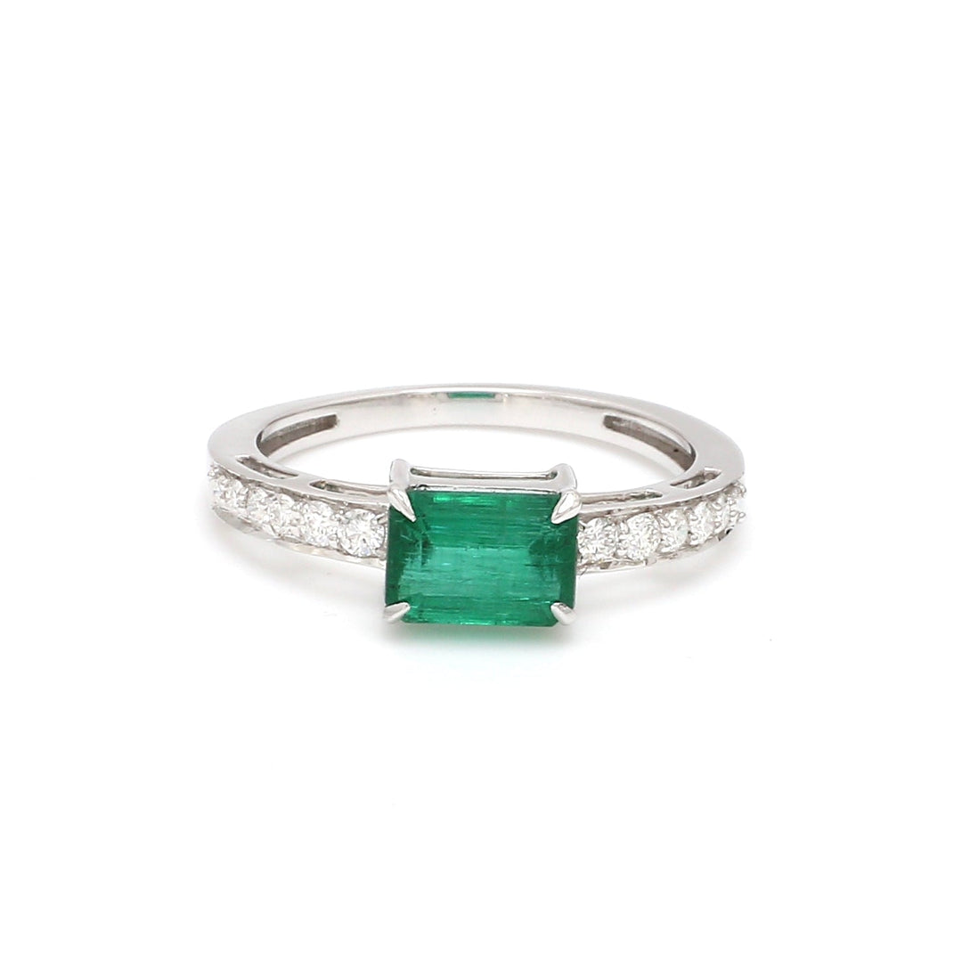 Emerald Diamond Octagon Prong Set East West Ring - qivii