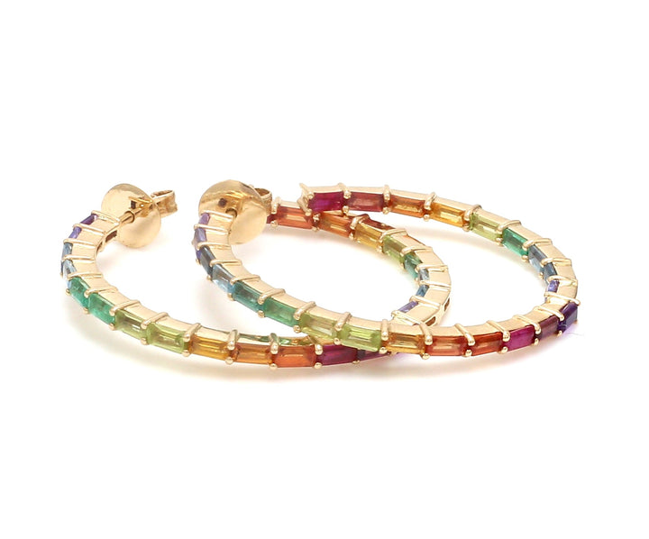 Rainbow Gemstone Baguette Thin Hoops - qivii
