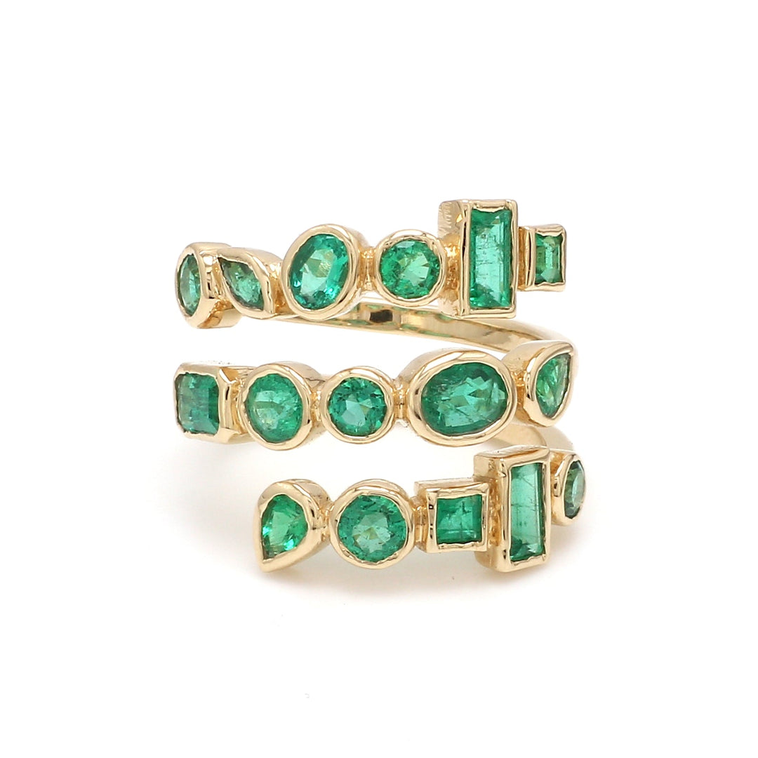 Emerald Mix Shape Bezel Set Spiral Ring - qivii