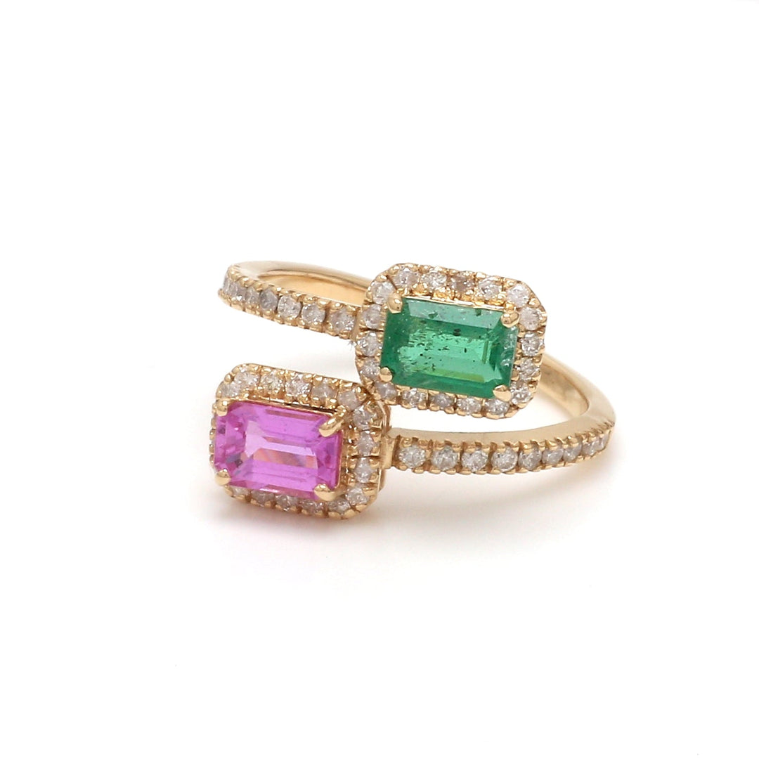 Emerald and Pink Sapphire Octagon Two Stone Ring - qivii