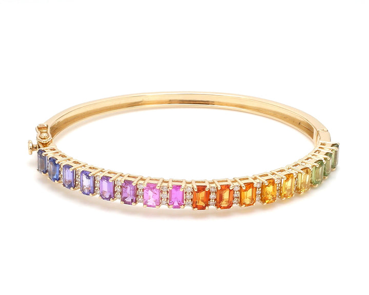 Rainbow Sapphire Emerald Cut and Diamond Bangle - qivii