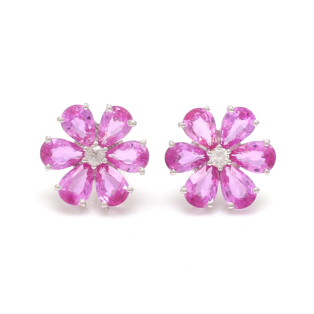 Pink Sapphire Diamond Flower Earrings Studs - qivii