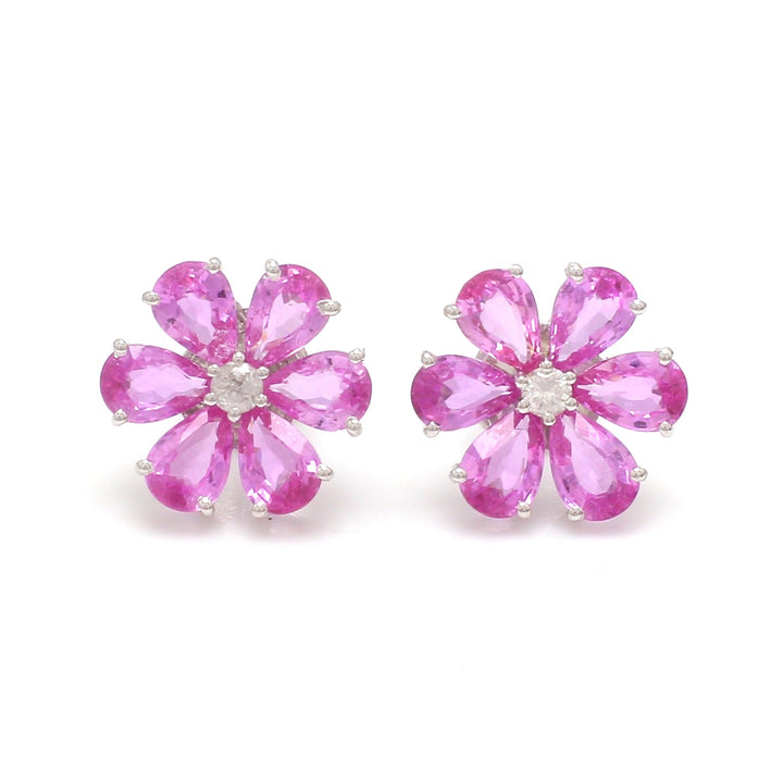 Pink Sapphire Diamond Flower Earrings Studs - qivii