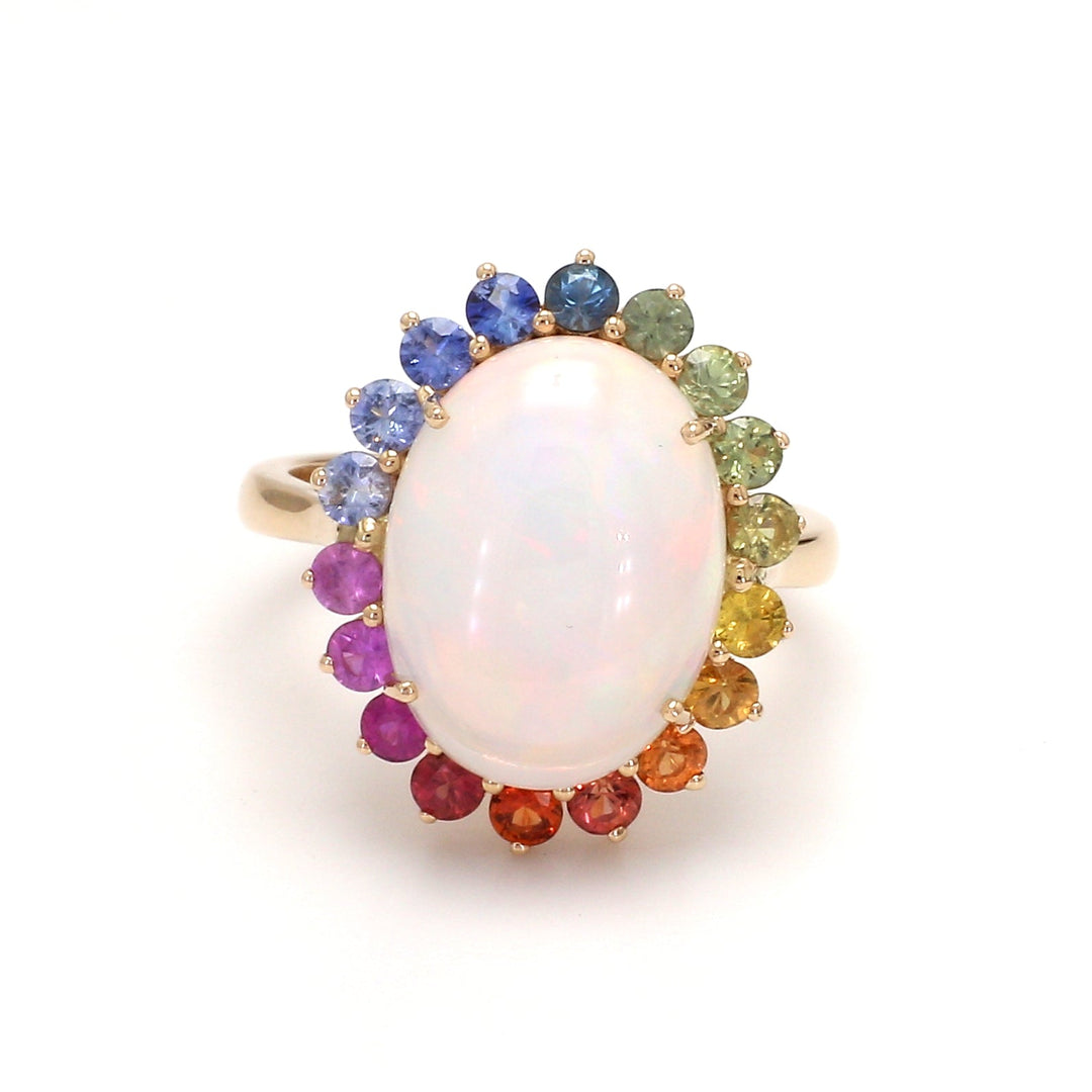 Opal and Rainbow Sapphire Halo Ring - qivii