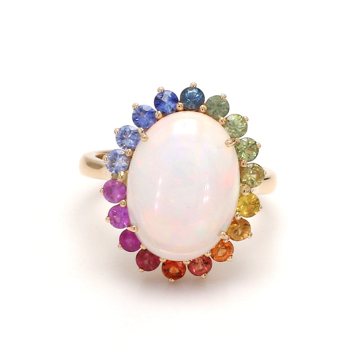 Opal and Rainbow Sapphire Halo Ring - qivii