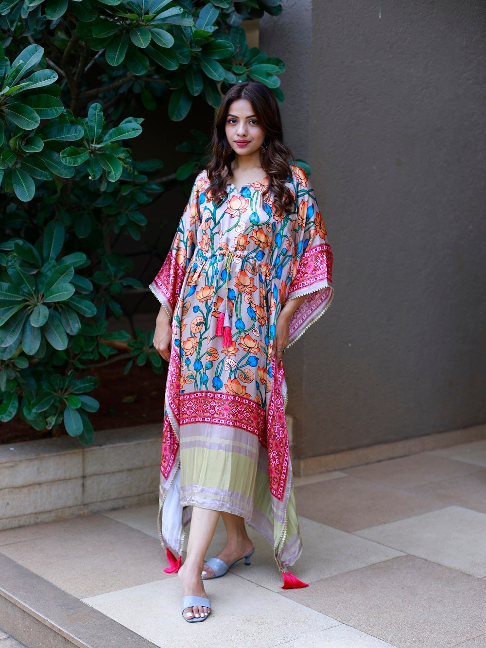 Pink Color Digital Printed Pure Gaji Silk Kaftan - qivii