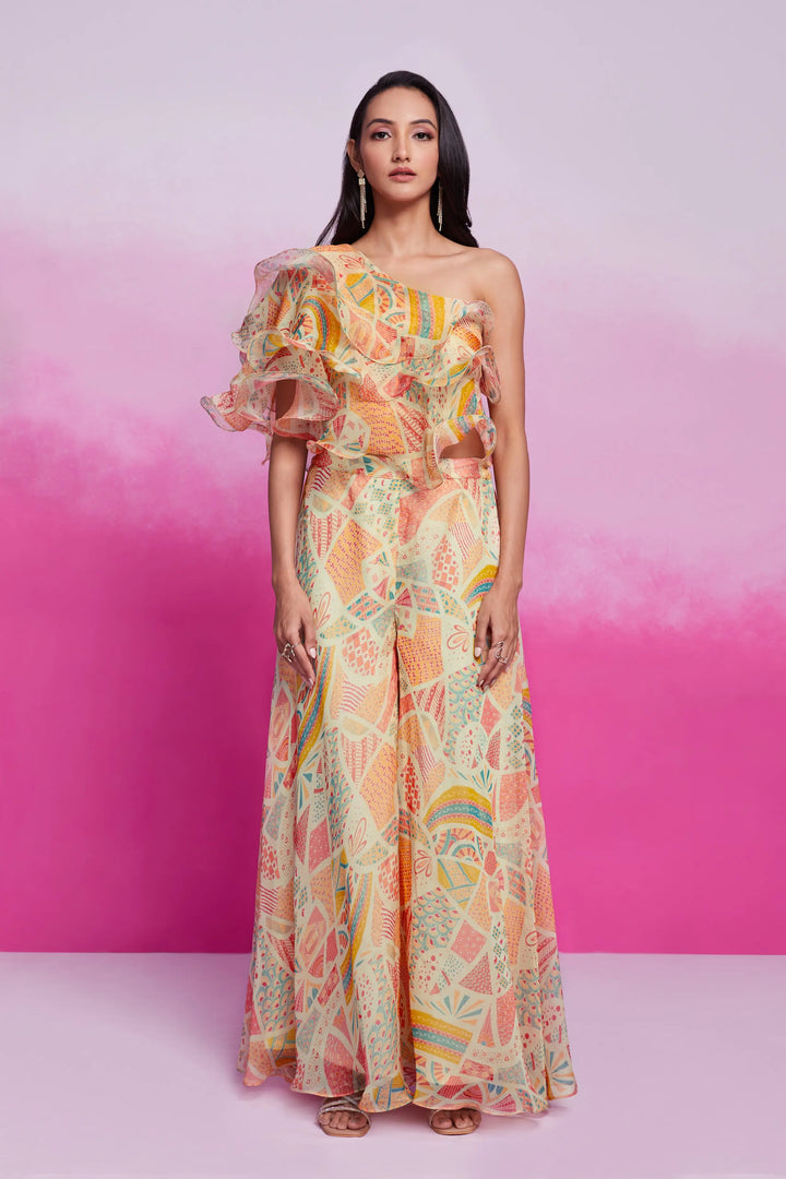 Cream Printed Organza Co-ord Set - qivii