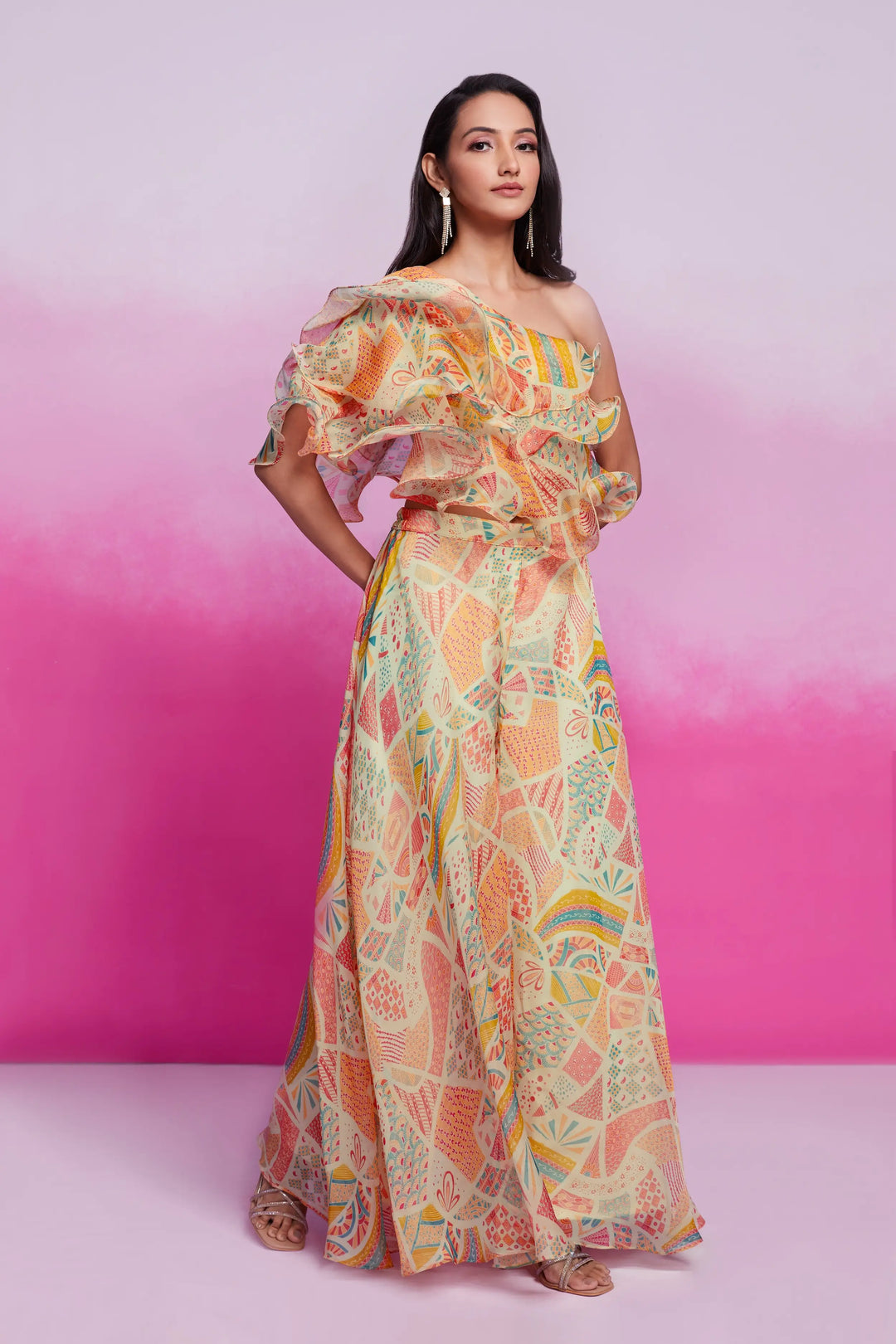 Cream Printed Organza Co-ord Set - qivii