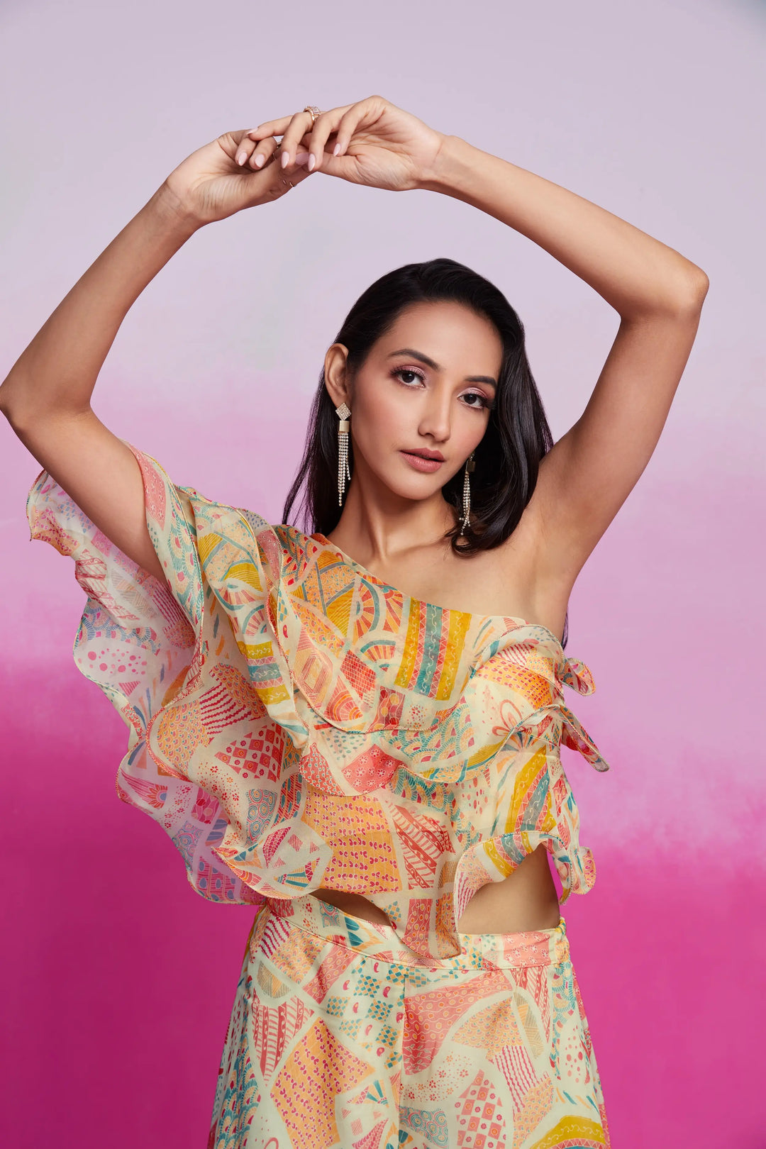 Cream Printed Organza Co-ord Set - qivii