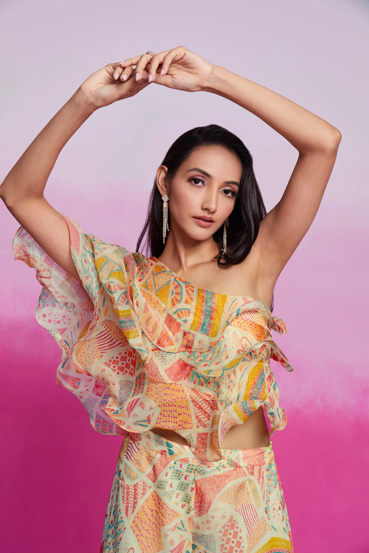 Cream Printed Organza Co-ord Set - qivii