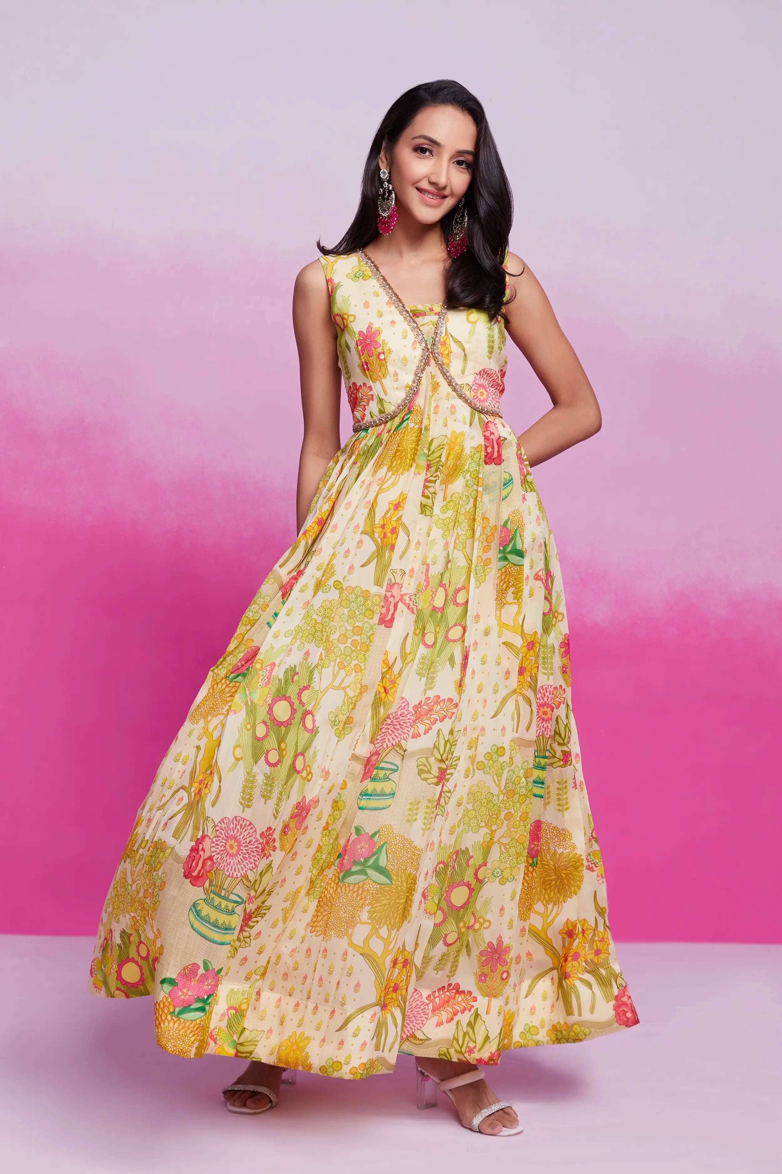 Lime Yellow Printed Organza Gown With Handwork