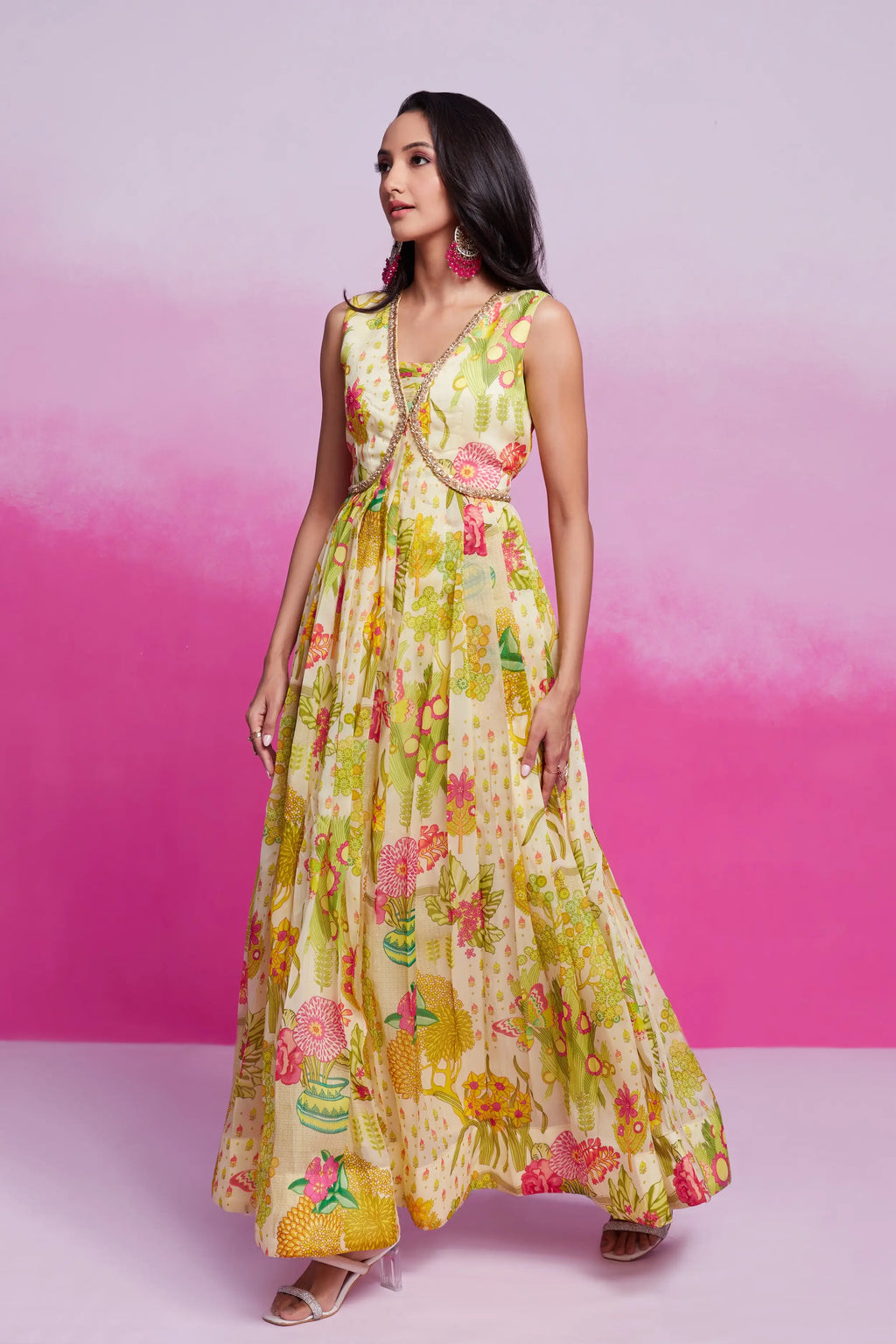 Lime Yellow Printed Organza Gown With Handwork