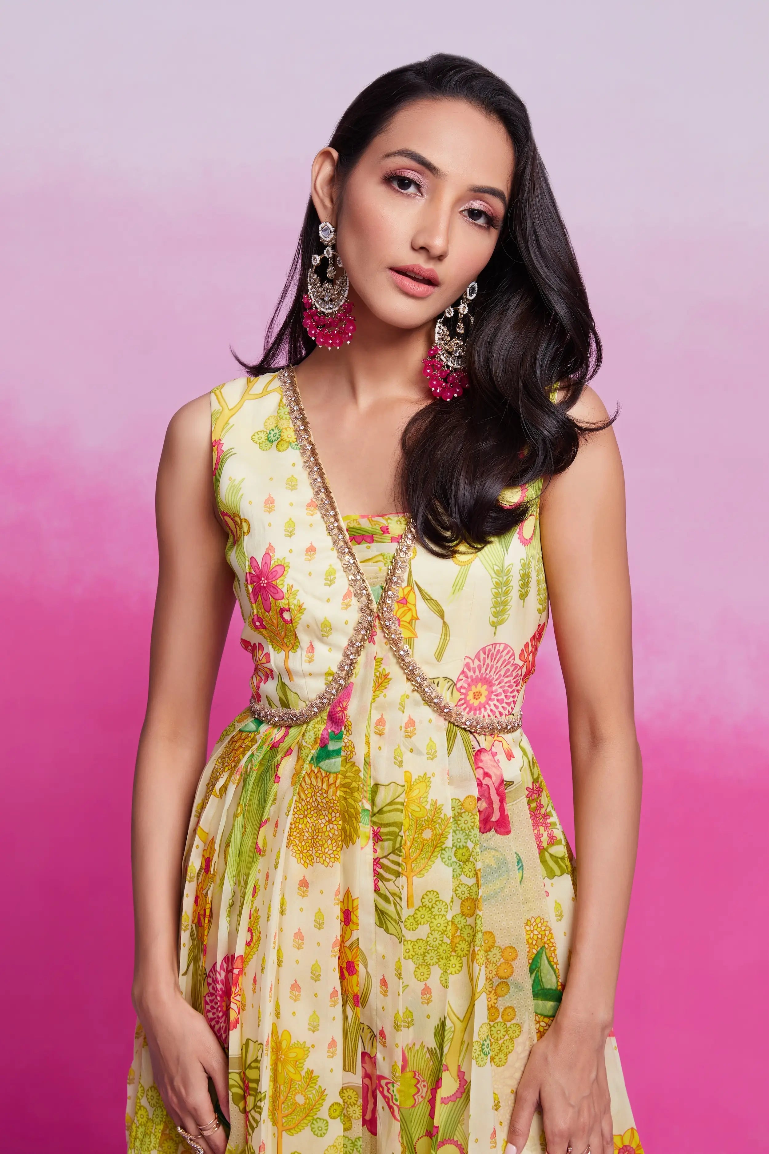 Lime Yellow Printed Organza Gown With Handwork
