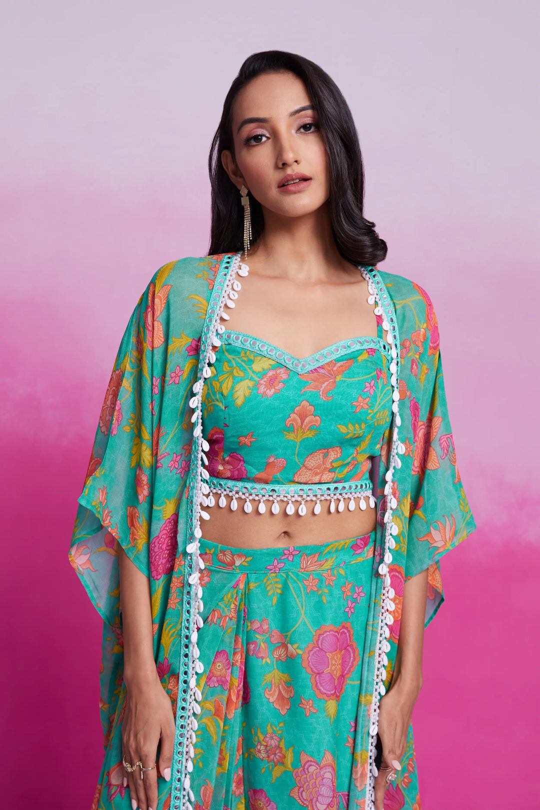 Turquoise Printed Georgette Co-ord Set - qivii