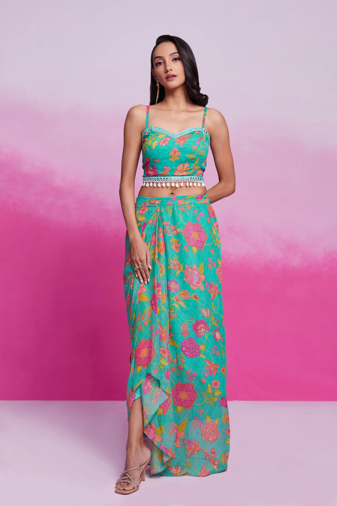Turquoise Printed Georgette Co-ord Set - qivii